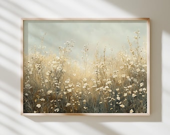 Wildflower Field Landscape Oil Painting Vintage Muted Art Landscape Wall Art Rustic Wall Decor Scenery Oil Painting Farmhouse Printable Art