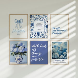 Modern Christian Wall Art Bundle Blue Bible Verse Print Blue Hydrangea Gallery Wall Art Set Christian Preppy Wall Art Chinoiserie Wall Decor