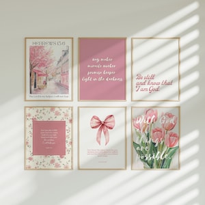 Coquette Wall Art Pink Christian Wall Decor Set of 6 Print Modern Christian Art Aesthetic Room Decor Pink Bow Wall Print Scripture Wall Art