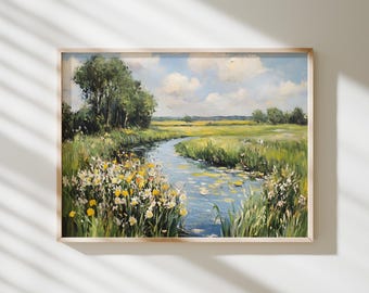 Spring Wall Art Countryside River Print Wildflower Field Oil Painting Farmhouse Wall Decor Vintage Landscape Print Rustic Nature Decor
