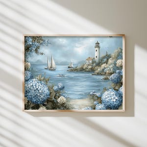 Vintage Coastal Landscape Print: Hydrangea Beach House Art (Digital Download