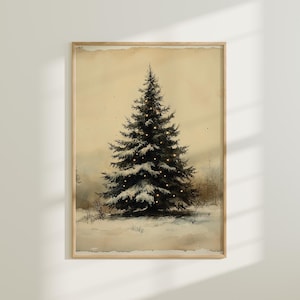 Vintage Christmas Tree Print Christmas Decor Printable Wall Art Neutral Antique Holiday Christmas Tree Painting Evergreen Tree Winter Decor