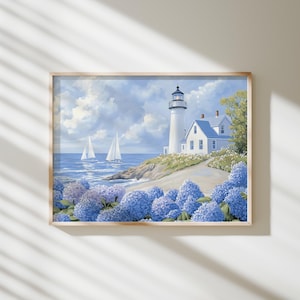 Coastal Wall Art Sailboat Painting Blue Hydrangea Wall Art Coastal Granddaughter Print Vintage Summer Horizontal Print Lighthouse Art