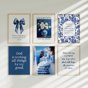 Coastal Christian Wall Art Blue Bible Verse Print Christian Home Decor Housewarming Gift Chinoiserie Living Room Art Floral Scripture Poster