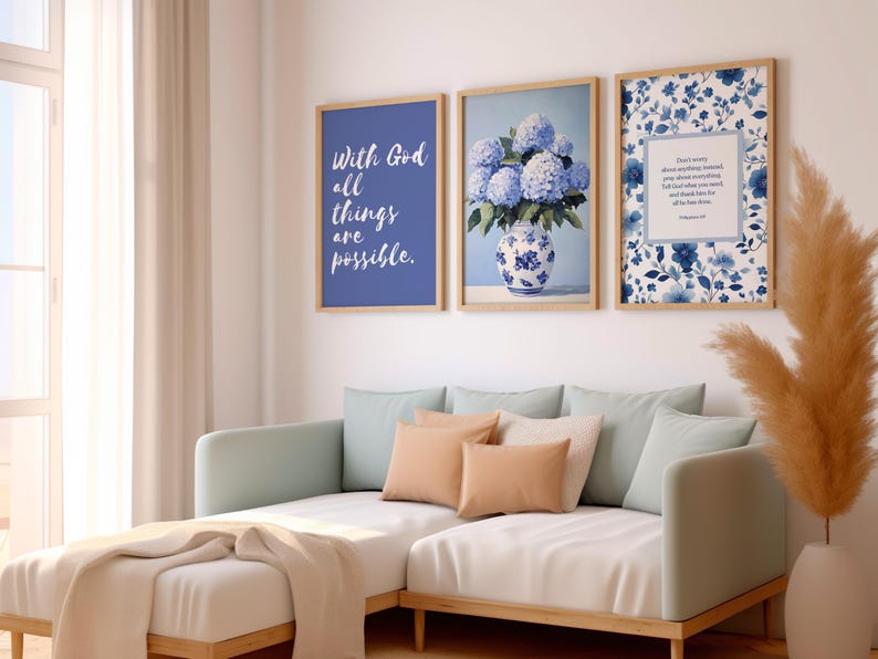 Christian Wall Art Set of 3 Bible Verse Prints Blue Botanical Wall Art ...