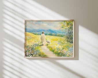 Jesus Leaves the 99 Wall Art Good Shepherd Painting Lost Sheep Art Jesus and Lamb Print Christian Landscape Art Printable Jesus Wall Art