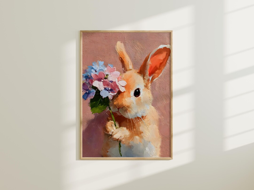 Spring Bunny Wall Art Easter Bunny Print Hydrangea Art Pink Nursery ...