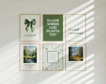 Sage Green Christian Wall Art Bundle Bible Verse Print Christian Housewarming Gift for Mom Prayer Room Decor Green Gallery Wall Spring Art