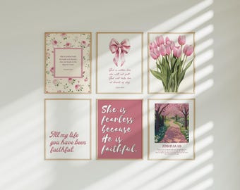 Pacchetto di arte murale cristiana rosa, arte digitale con versetti della Bibbia, decorazione per dormitorio femminile, poster cristiano Coquette, arte moderna con scritture, arte murale floreale