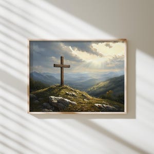 May include: A wooden cross stands tall on a grassy hilltop, with a dramatic sky behind it. The sun shines through the clouds, casting rays of light over the landscape.