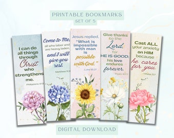 Inspirational Bible Verse Bookmark Set of 5, Bible Verse Bookmarks Digital Download Printable Christian Bookmark, Floral Bookmark for Women
