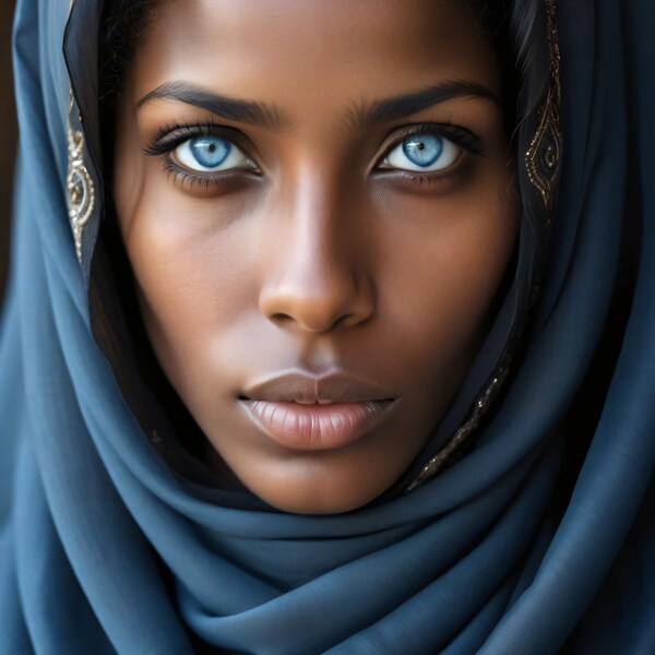 Peinture photoréaliste d'une femme touarègue africaine aux yeux bleu glacier