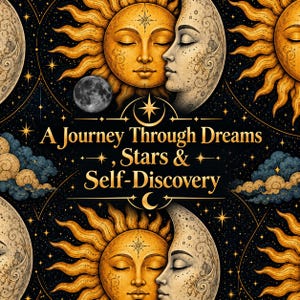 May include: A black background featuring gold sun and moon faces with closed eyes, surrounded by stars and clouds. The text reads: A Journey Through Dreams, Stars & Self-Discovery. The design repeats in a pattern with celestial motifs and textures.