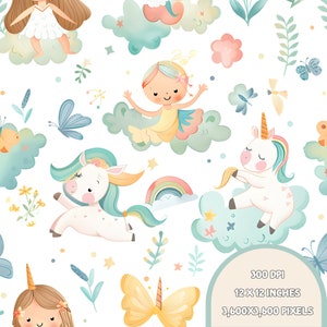 Unicorn Seamless Pattern, Unicorn Digital Pape, Unicorn and moon scrapbook, Pattern for fabric, Unicorn kids patterns for girls.