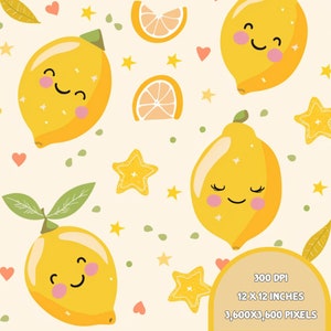 Cute Lemon Seamless File, Fruit Them, Summer Seamless Pattern. 300 DPI