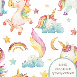 Unicorn Seamless Pattern, Unicorn Digital Pape, Unicorn and moon scrapbook, Pattern for fabric, Unicorn kids patterns for girls.