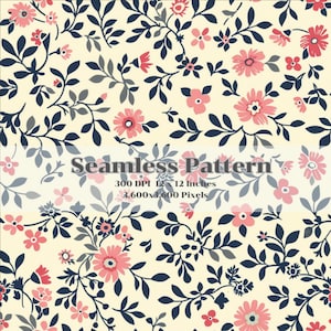 Seamless Floral Pattern - Vintage Pink and Navy Flowers - 300 DPI