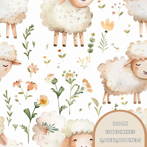 Watercolor Cute Sheeps Digital Seamless Pattern Commercial Use. Digital Surface Pattern For Fabric Printing For Kids Scrapbook Digital Paper