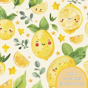 Cute Lemon Seamless File, Fruit Them, Summer Seamless Pattern. 300 DPI