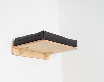 Cat Wall Shelf with Pillow, Modern Cat Lounge Perch, Wooden furniture, Minimalistic design.