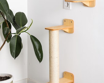 Tall Wall Mounted Cat Scratcher, Sisal Rope, Natural wood color, Black furniture, Scratching post