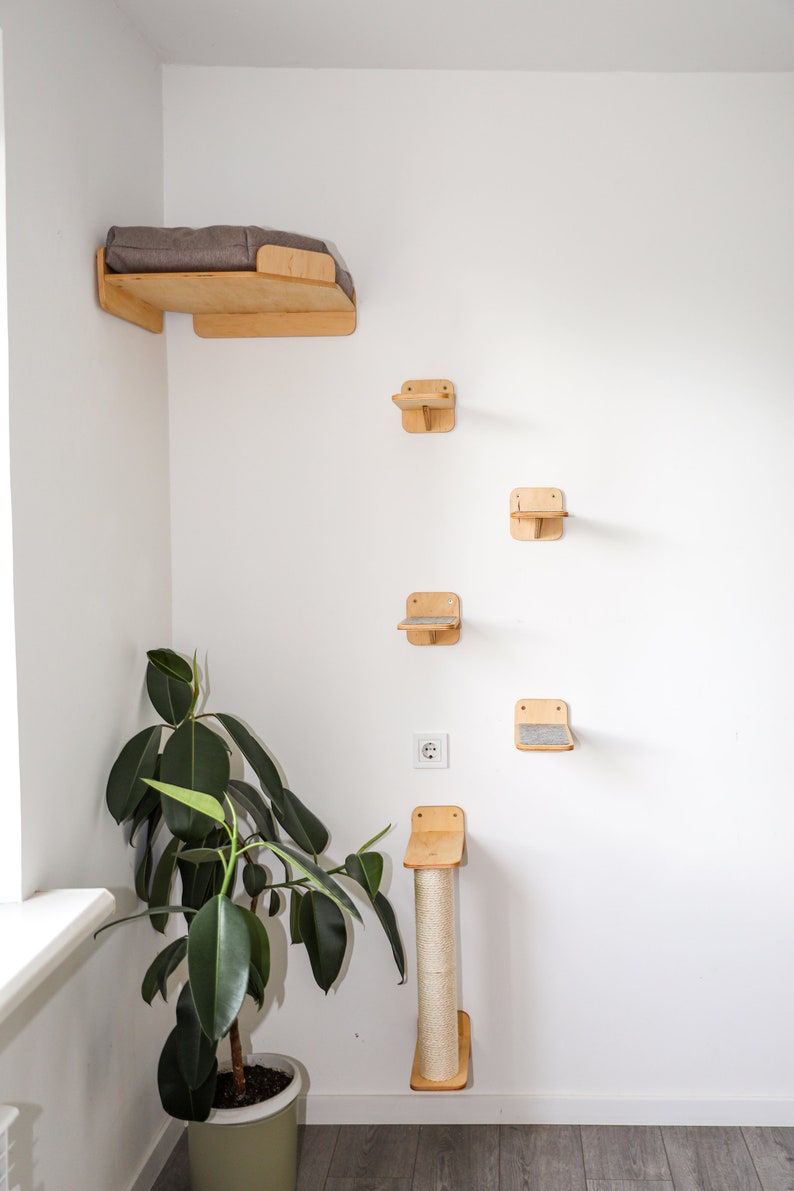 May include: A set of six wall-mounted cat shelves and a scratching post, made of light wood with a natural finish. The shelves are arranged in a vertical line on a white wall, with the scratching post on the bottom right. A green potted plant is in the corner of the room.