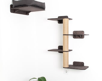Wooden cat wall tree with sisal rope with bed, modern cat furniture, big shelves, wall climber, corner cat tree, cat scratcher, cat steps