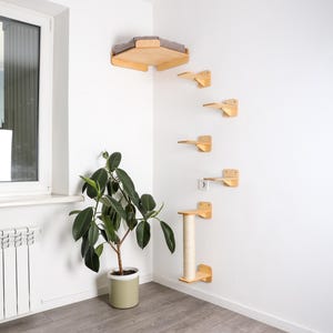 Set of cat wall furniture.Corner cat bed, cat wall steps, sisal cat scratcher.Modern cat furniture for wall.Cat tree, cat climber, cat shelf