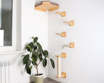 Set of cat wall furniture.Corner cat bed, cat wall steps, sisal cat scratcher.Modern cat furniture for wall.Cat tree, cat climber, cat shelf