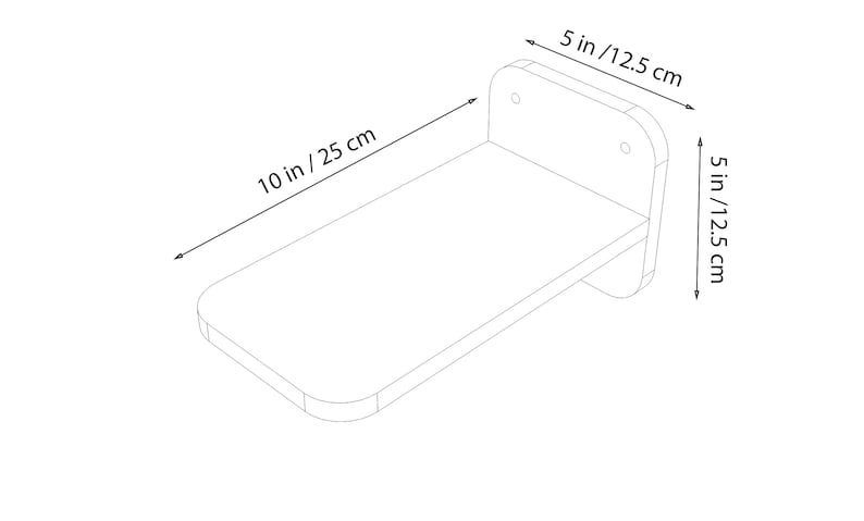 May include: A white wooden shelf with rounded edges, measuring 10 inches by 5 inches. The shelf has a bracket on the back for mounting to a wall.