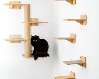 Corner cat wall shelf with bed, modern cat wooden furniture, scratcher, steps, tree, climber.