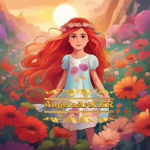 Digitale illustratie. Mooi meisje met bloemen. Fantasie kunst. Muur kunst. Huisdecoratie. Kinderportret. Mooie avatars. Cadeau
