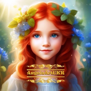 Digitale illustratie. Mooi meisje met bloemen. Fantasie kunst. Muur kunst. Huisdecoratie. Kinderportret. Mooie avatars. Cadeau