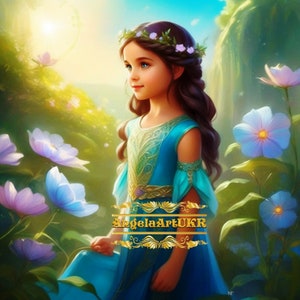 Digitale illustratie. Mooi meisje met bloemen. Fantasie kunst. Muur kunst. Huisdecoratie. Kinderportret. Mooie avatars. Cadeau