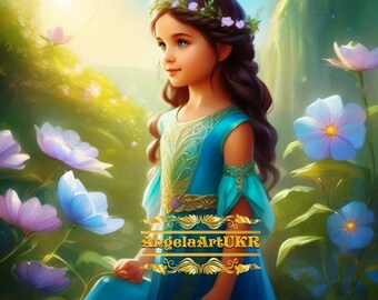 Digital illustration. Beautiful little girl with flowers. Fantasy art. Wall art. Home decor. Child's portrait. Beautiful avatars.  Present