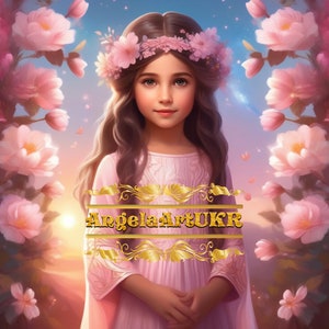 Digitale illustratie. Mooi meisje met bloemen. Fantasie kunst. Muur kunst. Huisdecoratie. Kinderportret. Mooie avatars. Cadeau