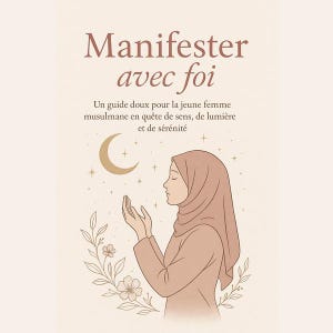 Puede incluir: Ilustración beige con una mujer con hiyab con las manos levantadas, una luna creciente y detalles florales. El texto dice "Manifester avec foi" y "Un guide doux pour la jeune femme musulmane en quête de sens, de lumière et de sérénité."