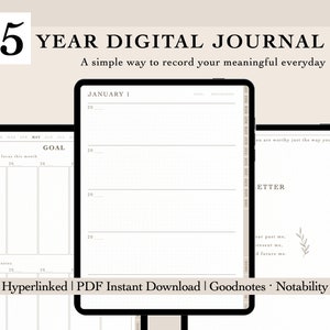 5 Year Digital Journal | Daily Journal | Hyperlinked Diary | Minimalist | Digital letter | Digital Notebook | Goodnotes Notability