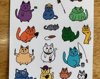 May include: A sheet of colorful cat stickers with various poses and expressions. The cats are wearing hats, holding fishing rods, eating, and more.