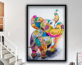 Colorful elephant canvas print, Pastel colored elephant canvas print, Elephant wall art, Elephant print painting, Trunk Elephant wall art