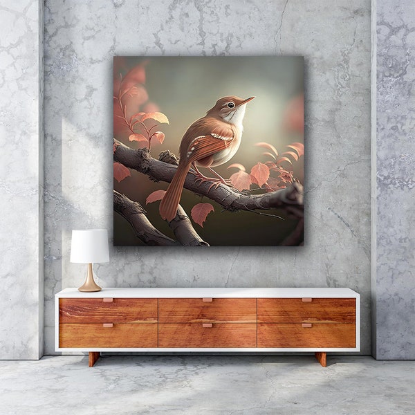 Peinture sur toile rossignol, impression sur toile petit rossignol, art mural oiseau, impression sur toile rossignol rose, impression portrait d'oiseau mignon