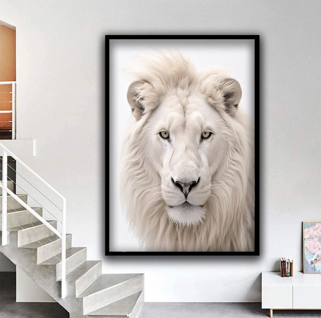 White Lion Canvas Painting, Albino Lion Wall Art, Lion Canvas Print