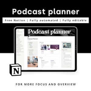 May include: A screenshot of a Notion page with the title "Podcast Planner". The page is divided into sections for podcast episodes, tasks, and notes. The page is designed to help podcasters plan and organize their content.