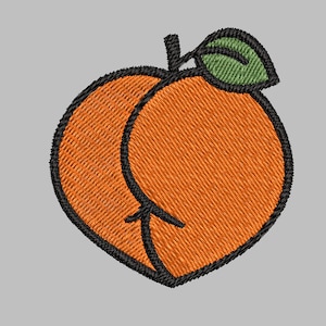 May include: An embroidered peach with a green leaf, stitched in orange, black and green thread.