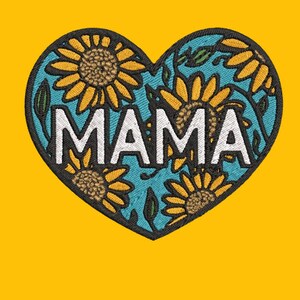 Puede incluir: Un diseño en forma de corazón azul con un patrón floral y la palabra "MAMA" en letras blancas.