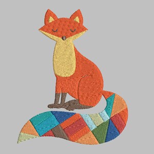 May include: A red fox with closed eyes sits with its tail curled behind it. The tail is made of colorful patchwork fabric.