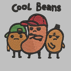 May include: Three cartoon bean characters wearing hats. The bean on the left is wearing a green hat, the bean in the middle is wearing a red hat, and the bean on the right is wearing a black hat. The text "Cool Beans" is above the beans.