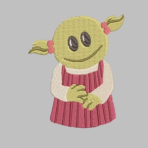 May include: Embroidered patch of a smiling girl with yellow skin, pink dress, and pigtails. The girl is holding her hands together in front of her.