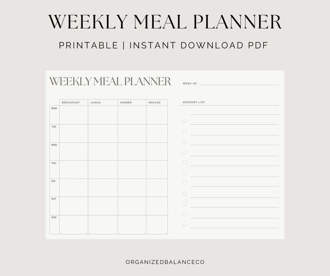 Weekly Meal Planner | Digital Download | Printable A4 A3 Grocery List ...