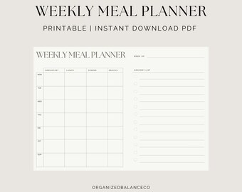 Weekly Meal Planner Printable | Minimalist Grocery List (PDF Download ...
